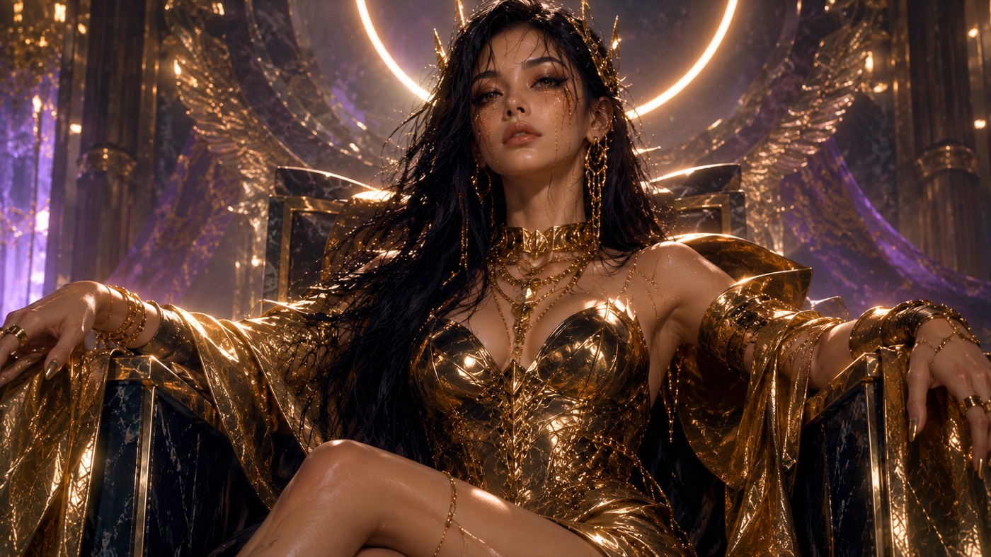 Lizzy Alexander, golden and crowned, on her throne