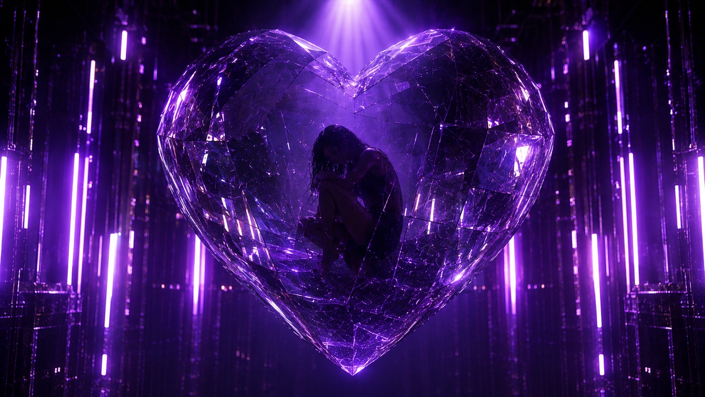 Lizzy inside a giant violet crystal heart
