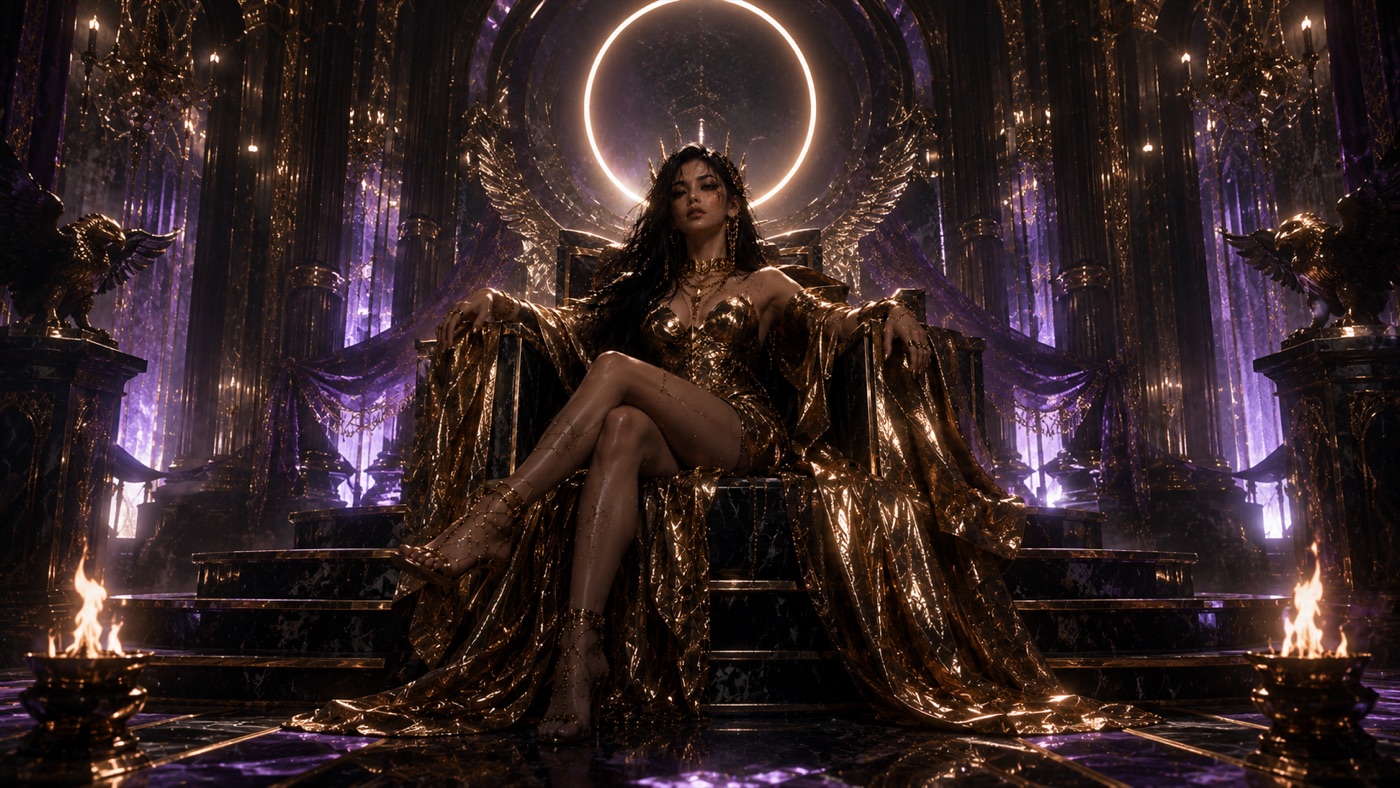 Lizzy on a golden throne in a violet cathedral