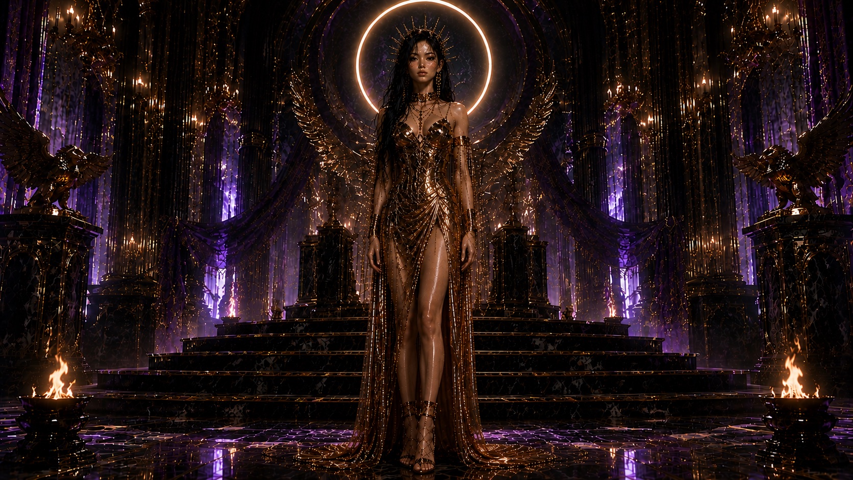 Lizzy Alexander standing before a golden throne